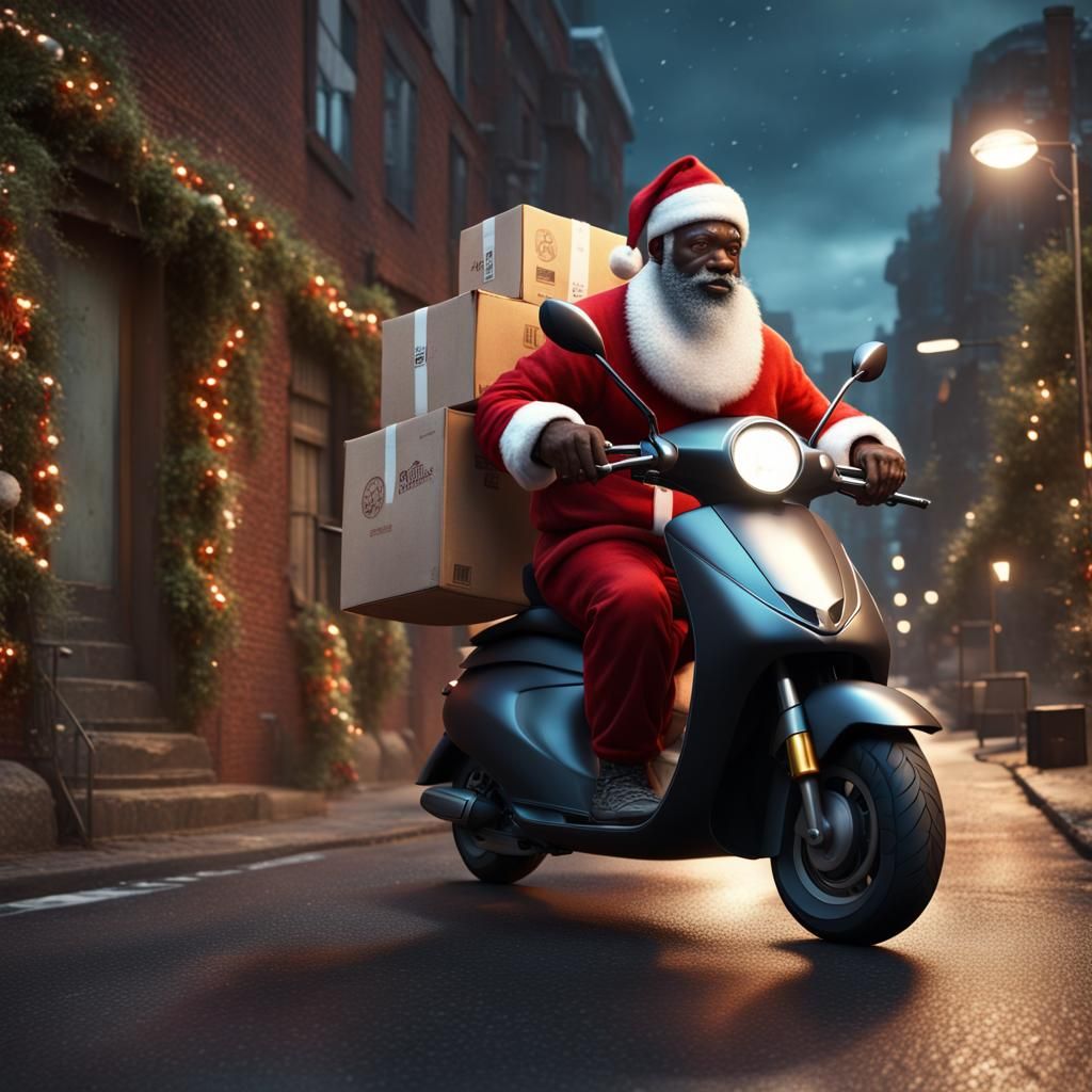 Black Santa Delivers Gifts on Scooter