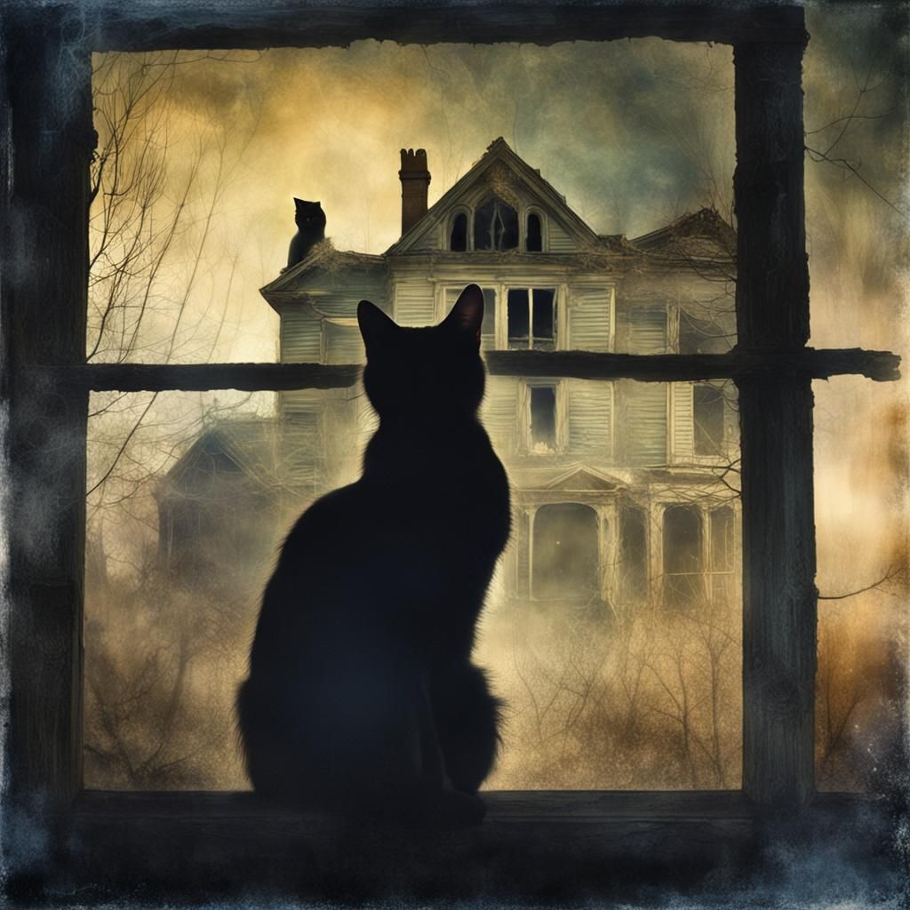 Ethereal Cat Silhouette and Haunted House Double Exposure