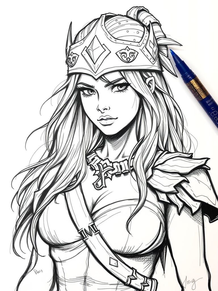 Vibrant Barbarian Princess Portrait in Thick, Scratchy Lines