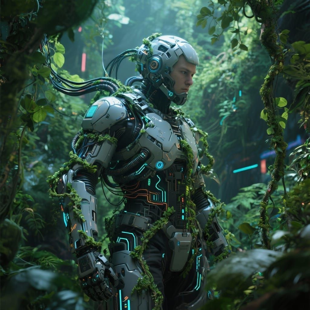 Futuristic Exosuit Merges With Nature in Cyberpunk Harmony