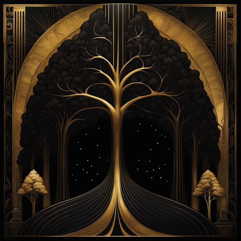 Art Deco Tree Poster with Gold Highlights