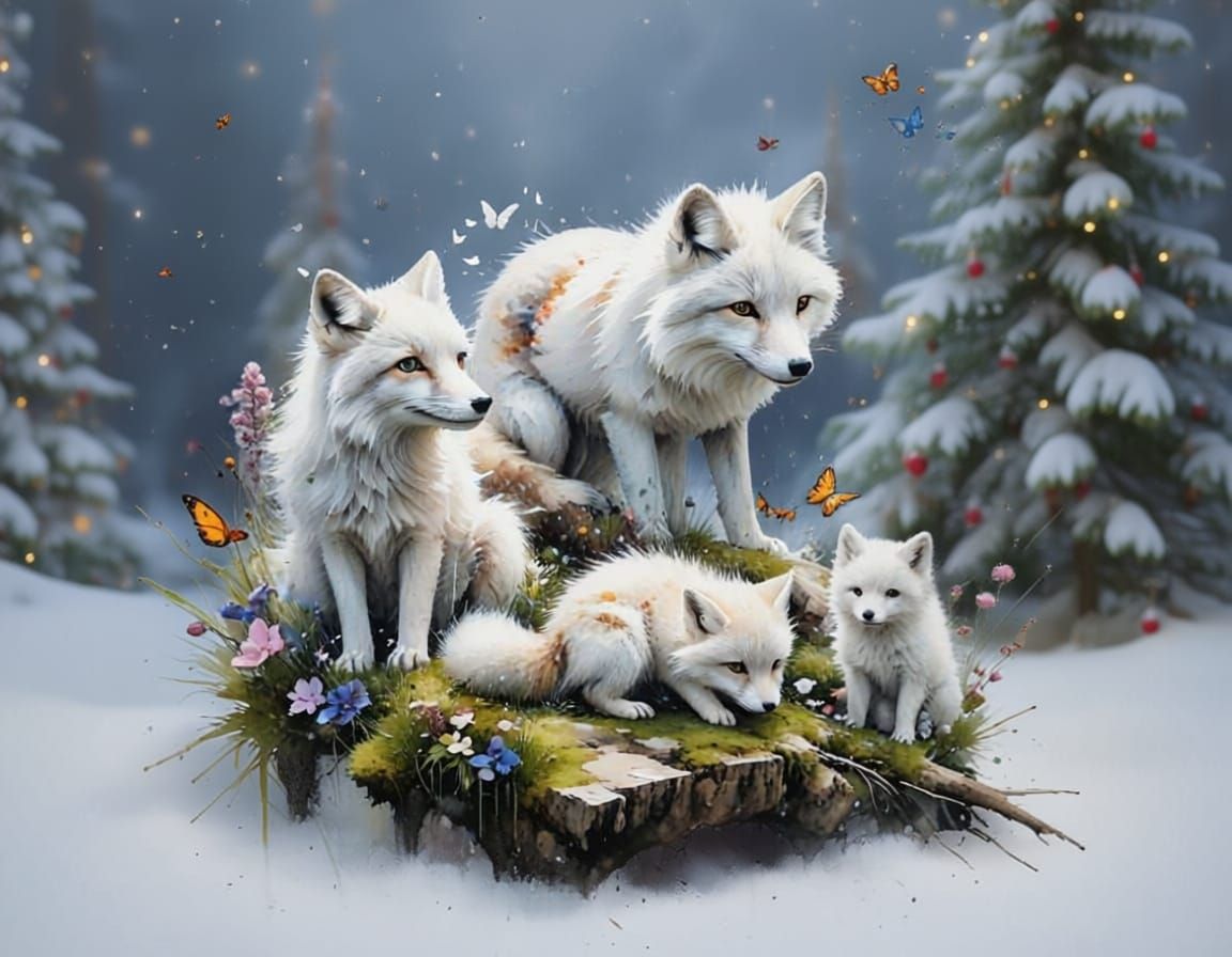 Arctic Fox Family on Mossy Branch in Watercolor Garden