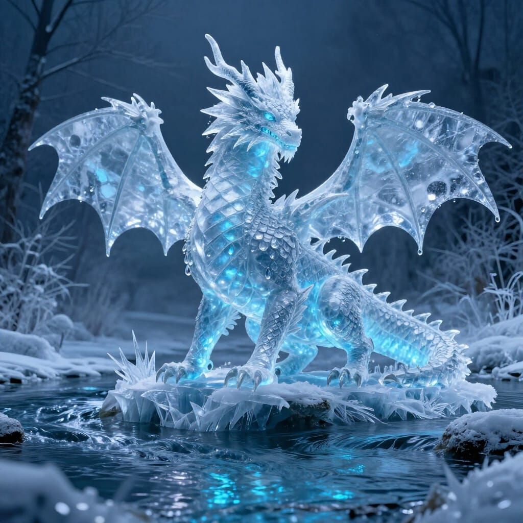 Magnificent Ice Dragon Perched Above Frozen River