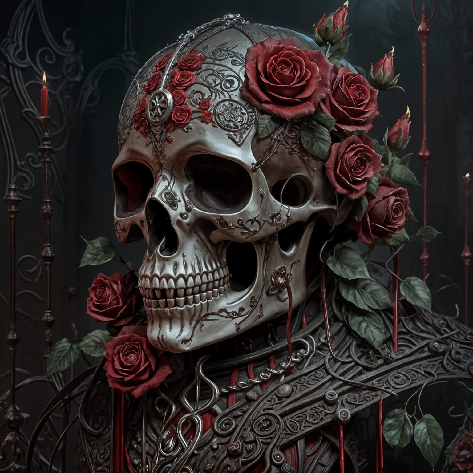 Steampunk Skull with Roses and Blood Tears