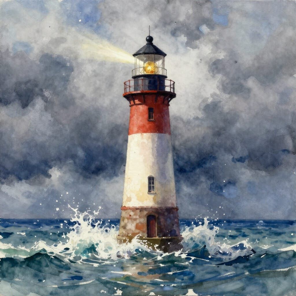 Lighthouse in Stormy Seas Watercolor Painting
