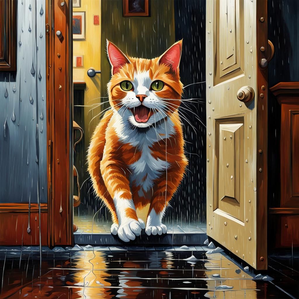 Humorous Oil Painting: Soaked Cat Demands Entry