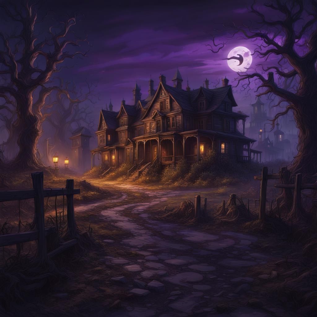 Ghostly Spirits in Cursed Town: Dark Fantasy Art