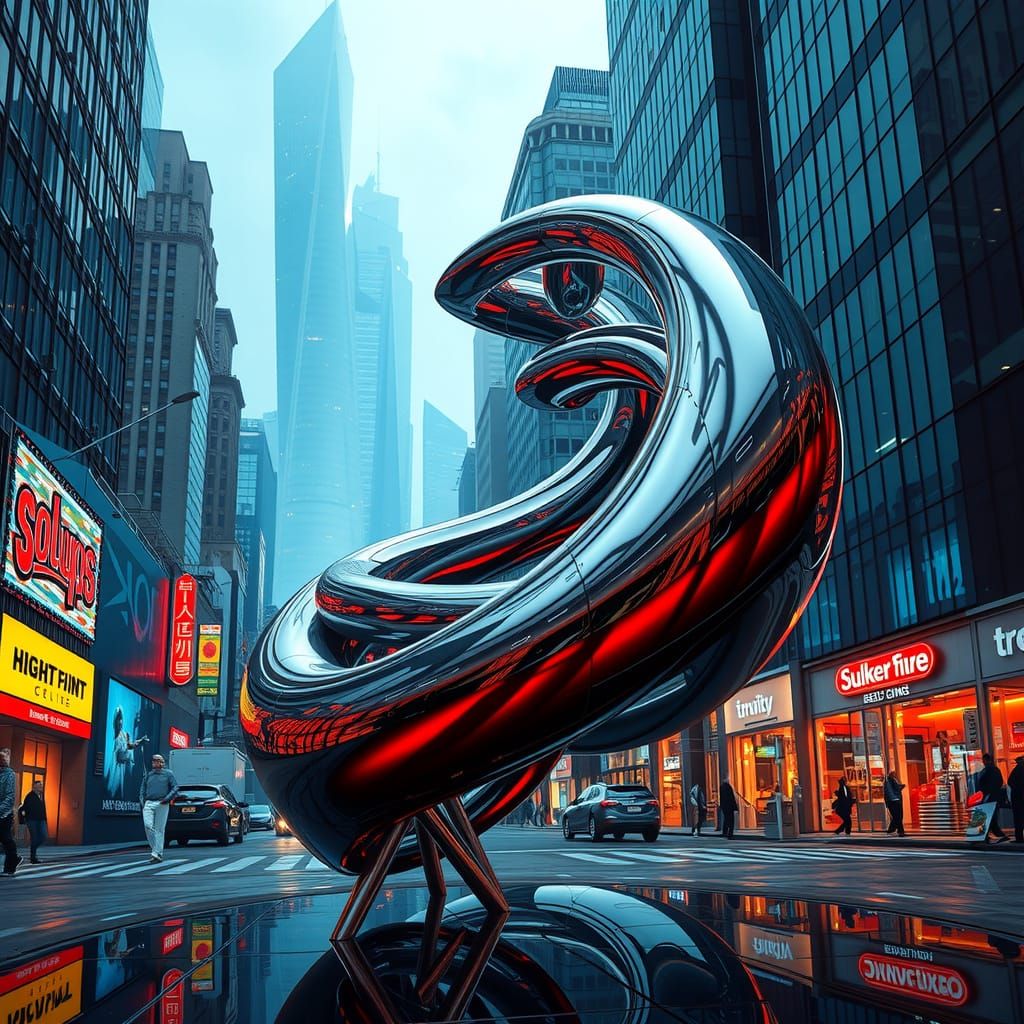 Futuristic Chrome Sculpture Reflecting Neon Cityscape