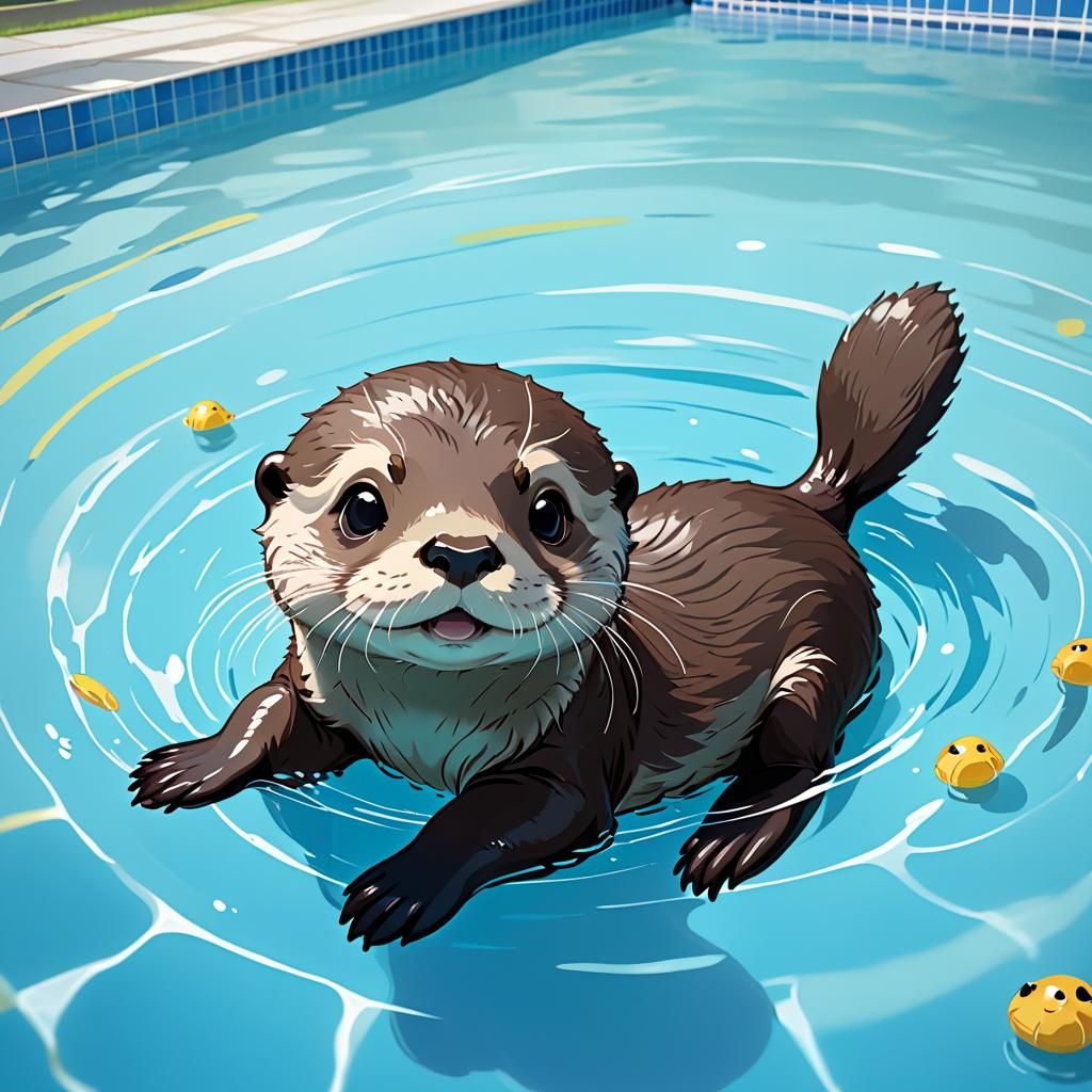 Adorable Baby Otter Swims: Anime-Inspired Art