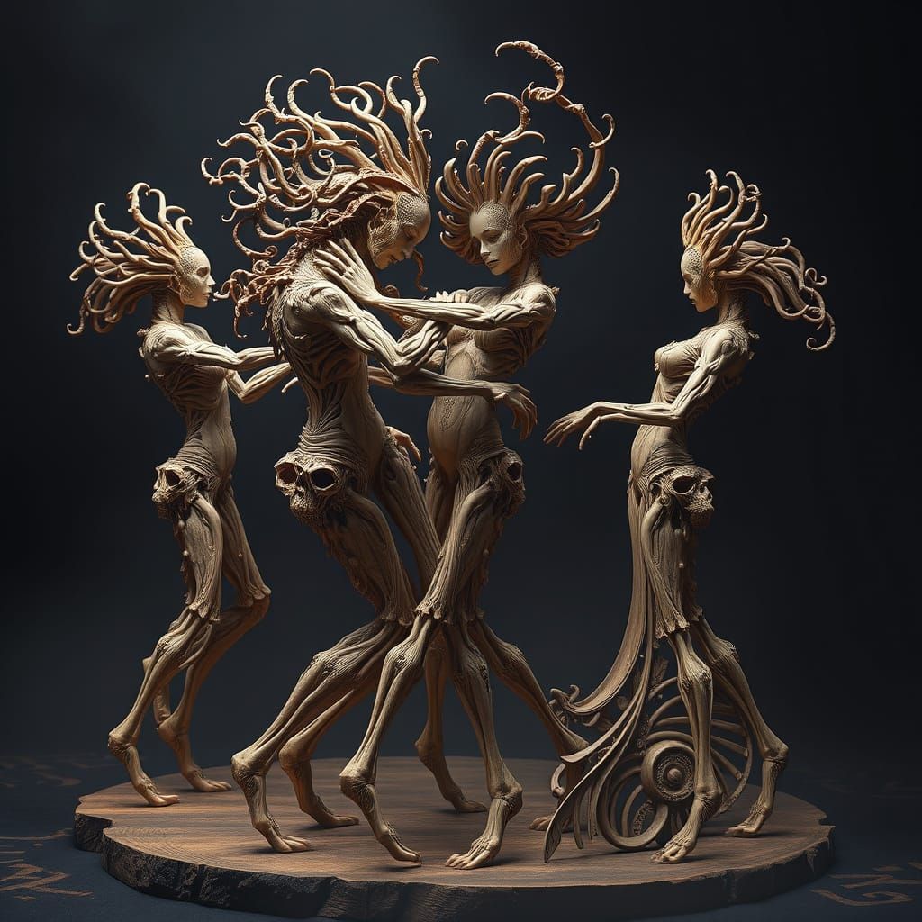 Biomechanical Wooden Sculptures in Elegant Dance