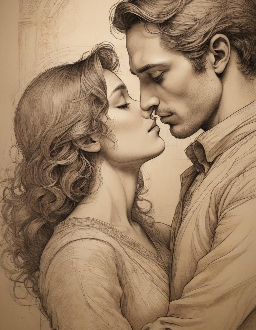 Romantic Couple Embrace in Sepia-Toned Line Art