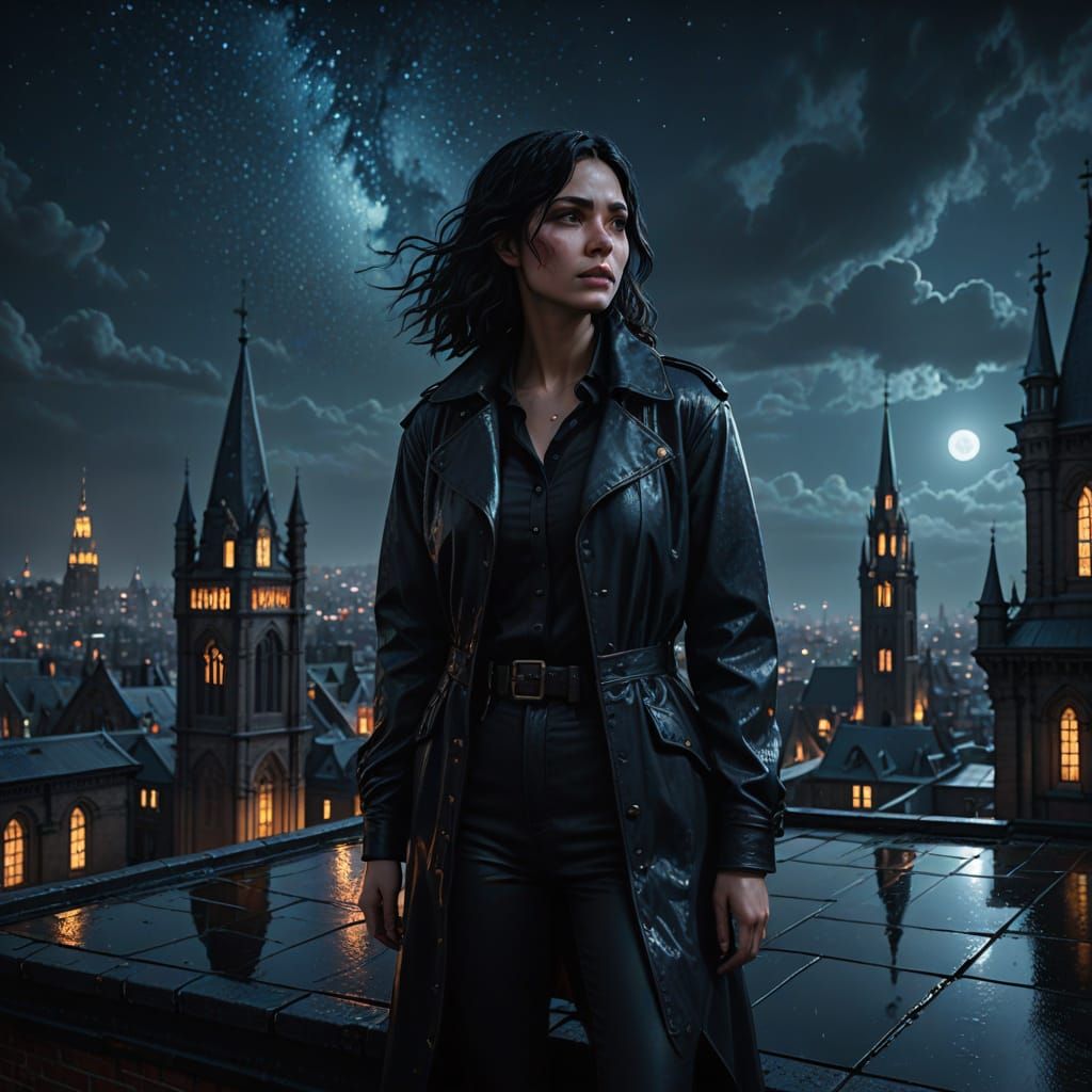 Wavy Black Haired Woman Under Midnight City Lights