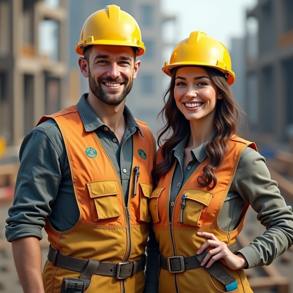 Happy Construction Workers Portrait in Trending Art Style
