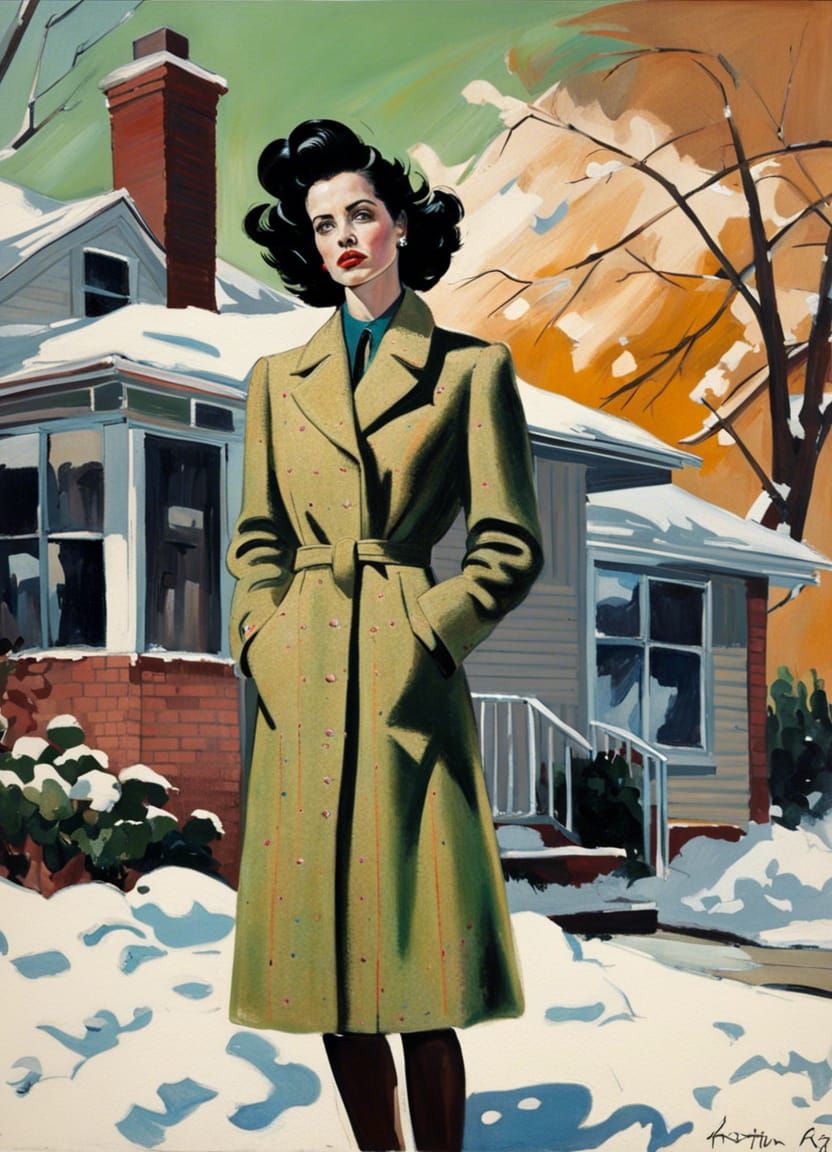 Woman in Overcoat After Snowstorm, Vintage Illustration