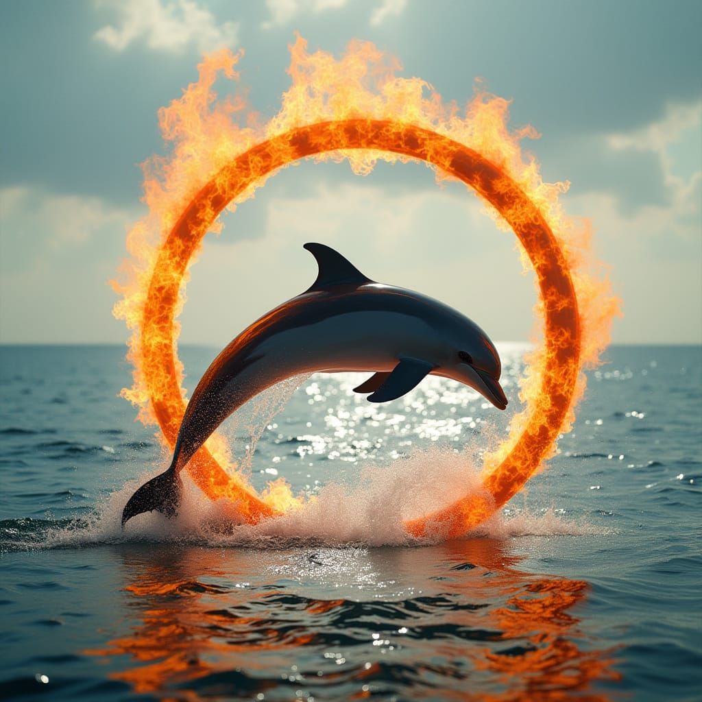 Dolphin Leaping Through Flaming Hoop in Ocean, Captured in H...