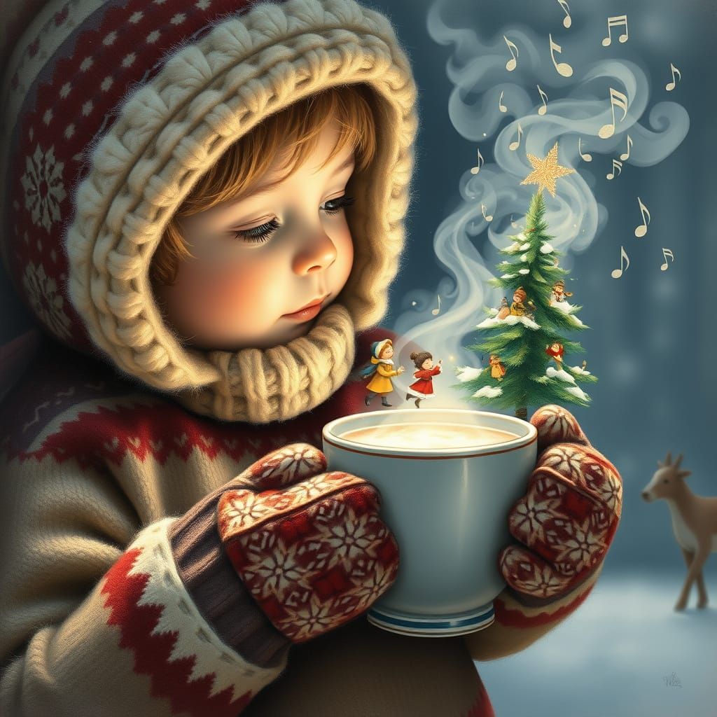 Child's Christmas Cocoa Dream in Rockwell Style