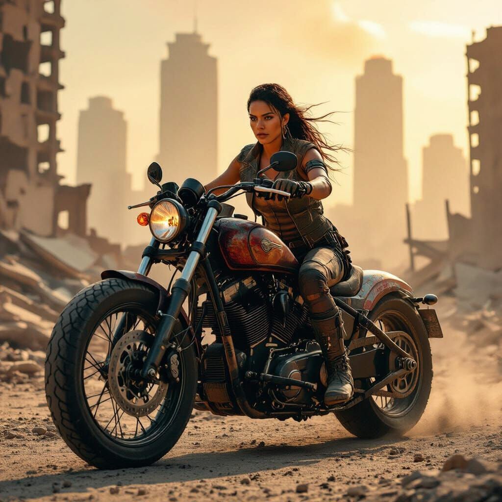 Latina Rider on Custom Motorcycle in Post-Apocalyptic City