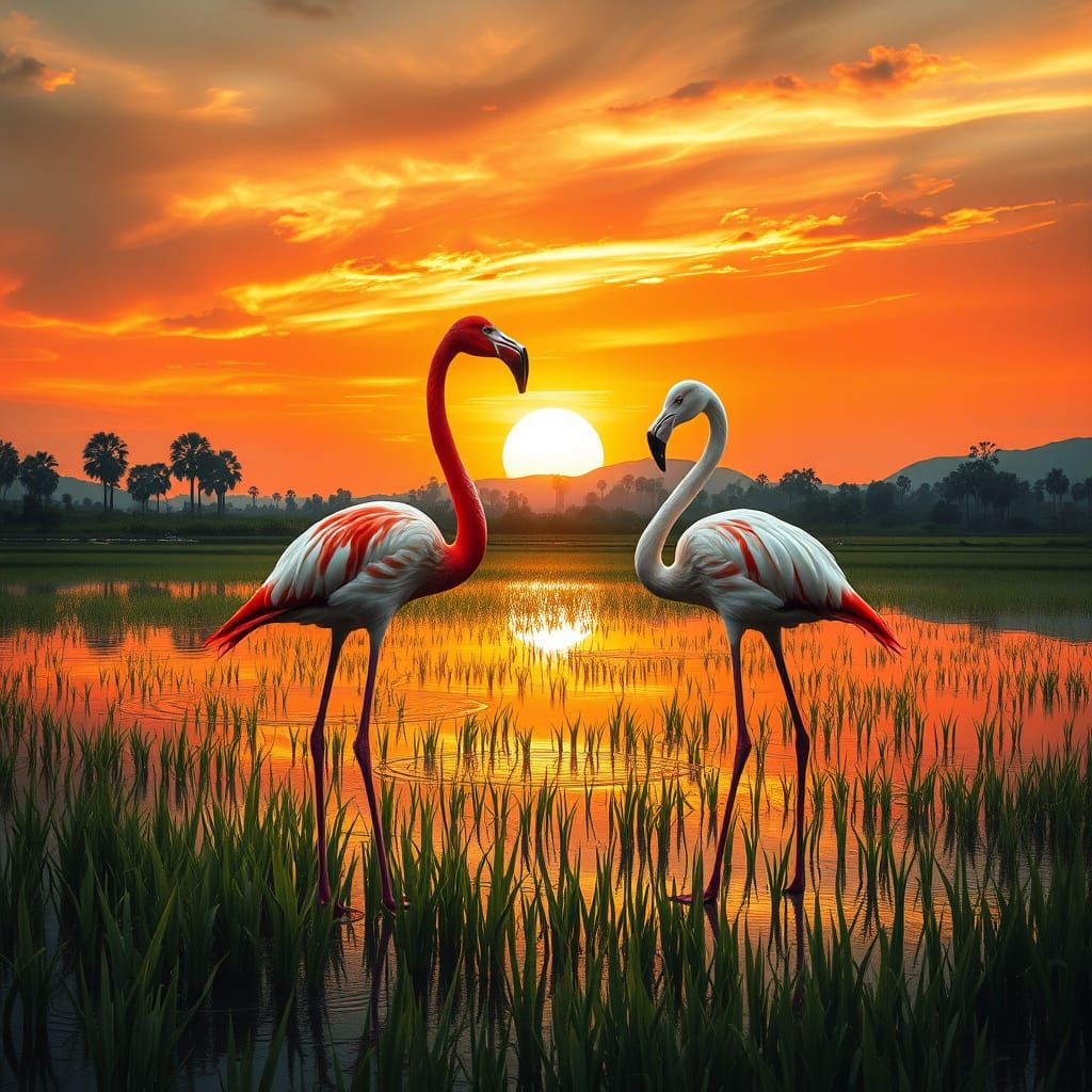 master wild life picture, beautiful colored Harlekin flamingos stands opposite in the rice field lake in the Sunset. sup...