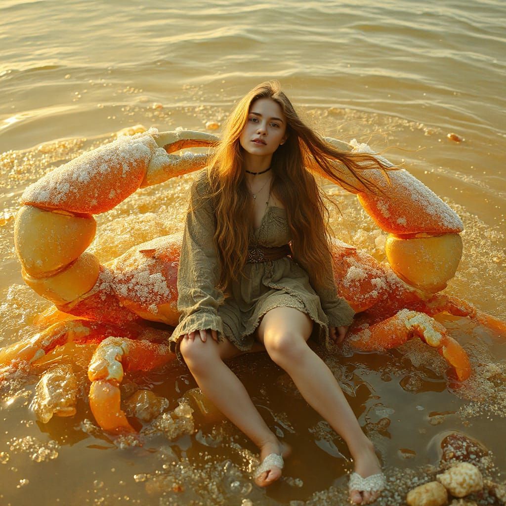 Woman on Gummy Crab in Effervescent Soda Sea