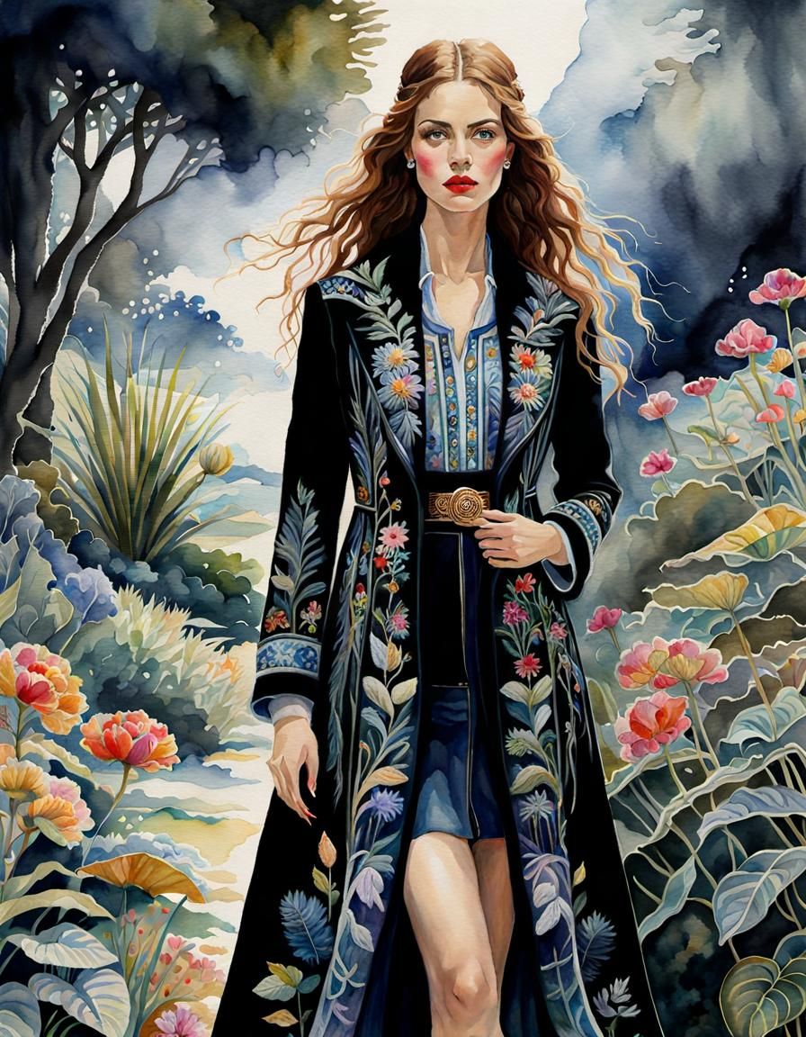 Fantasy Woman in Embroidered Coat: Watercolor Art