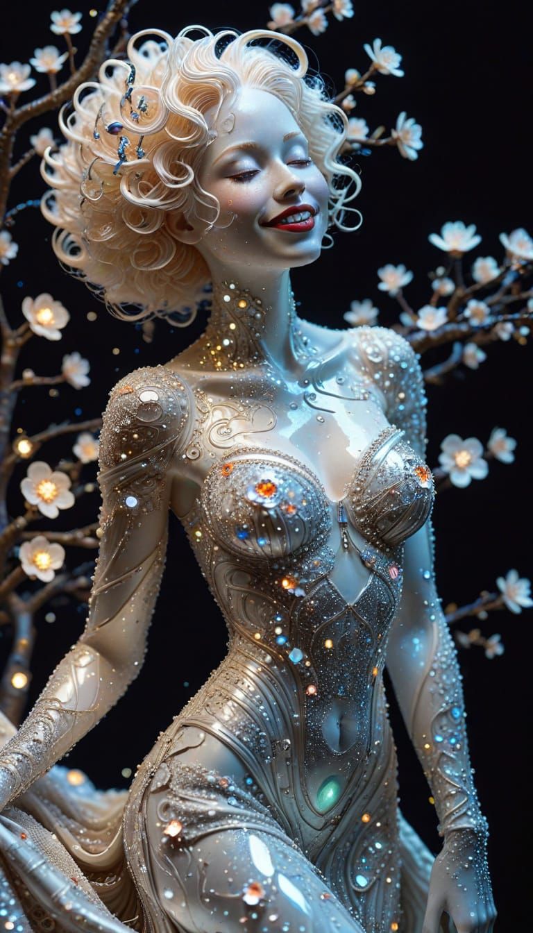 Elegant Woman in Bioluminescent Stardust, Klimt Style