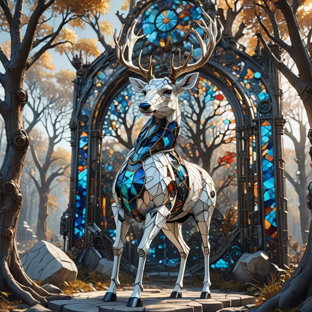 Steampunk Stained Glass Deer Among Stone Trees