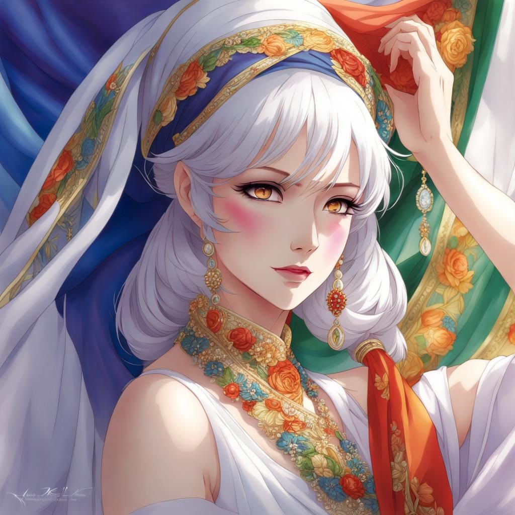 Glamorous Lady in Colorful Headscarf, Anime Style