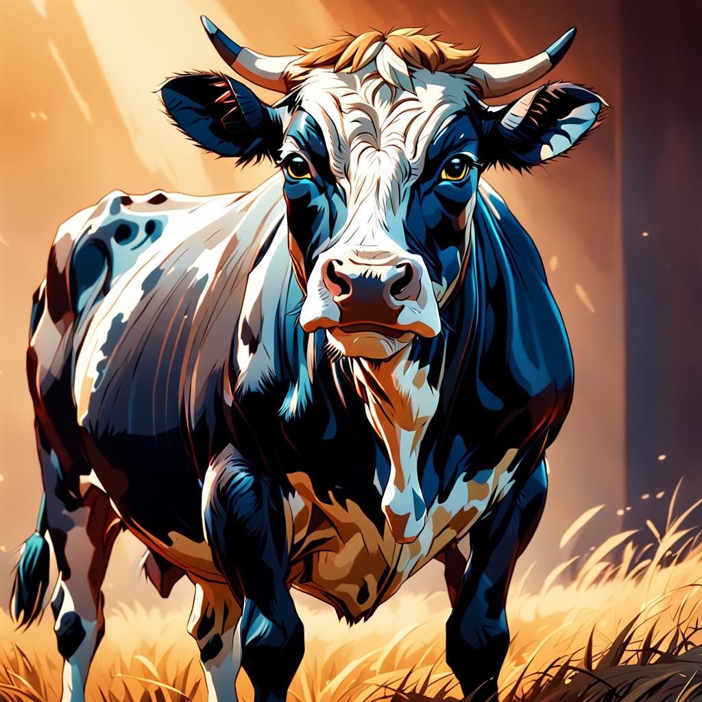 Heroic Vibrant Cow in Manga Anime Style