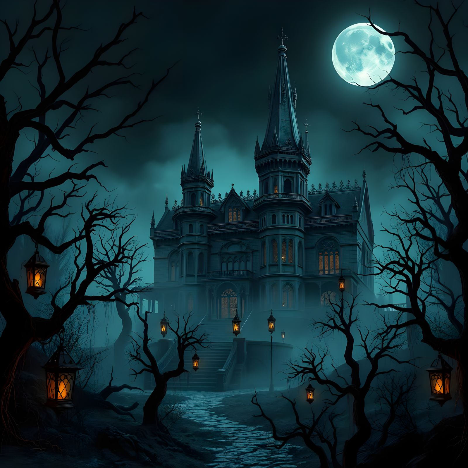 Gothic Mansion Amidst Haunting Forest in Dark, Ominous Atmos...