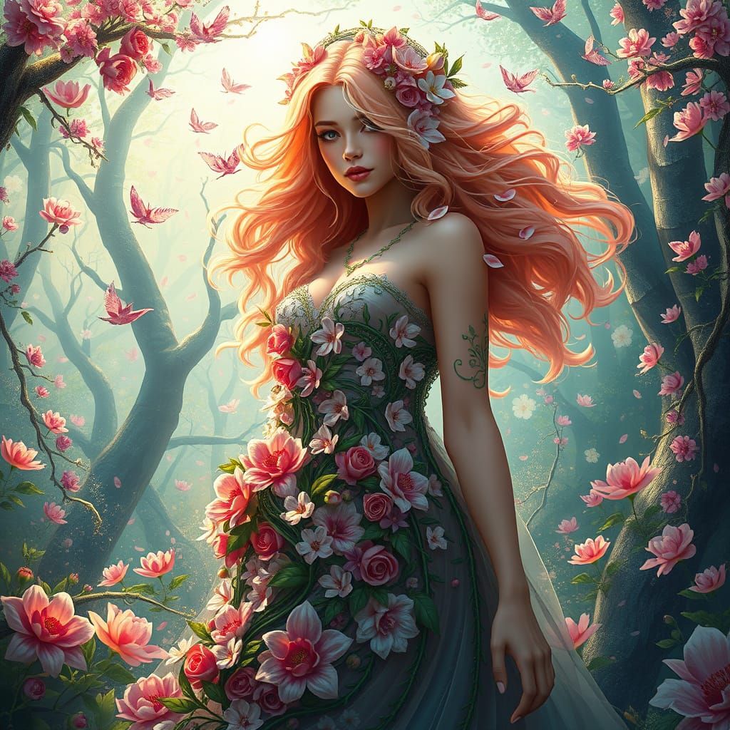 Surreal Digital Goddess Awakens Spring in Vibrant Bloom