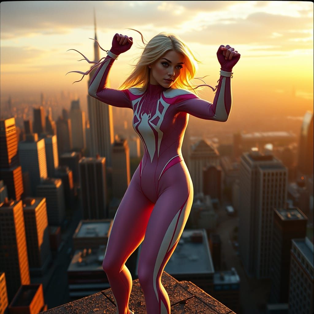 Spider-Gwen: Heroic Rooftop Pose in Cinematic Style