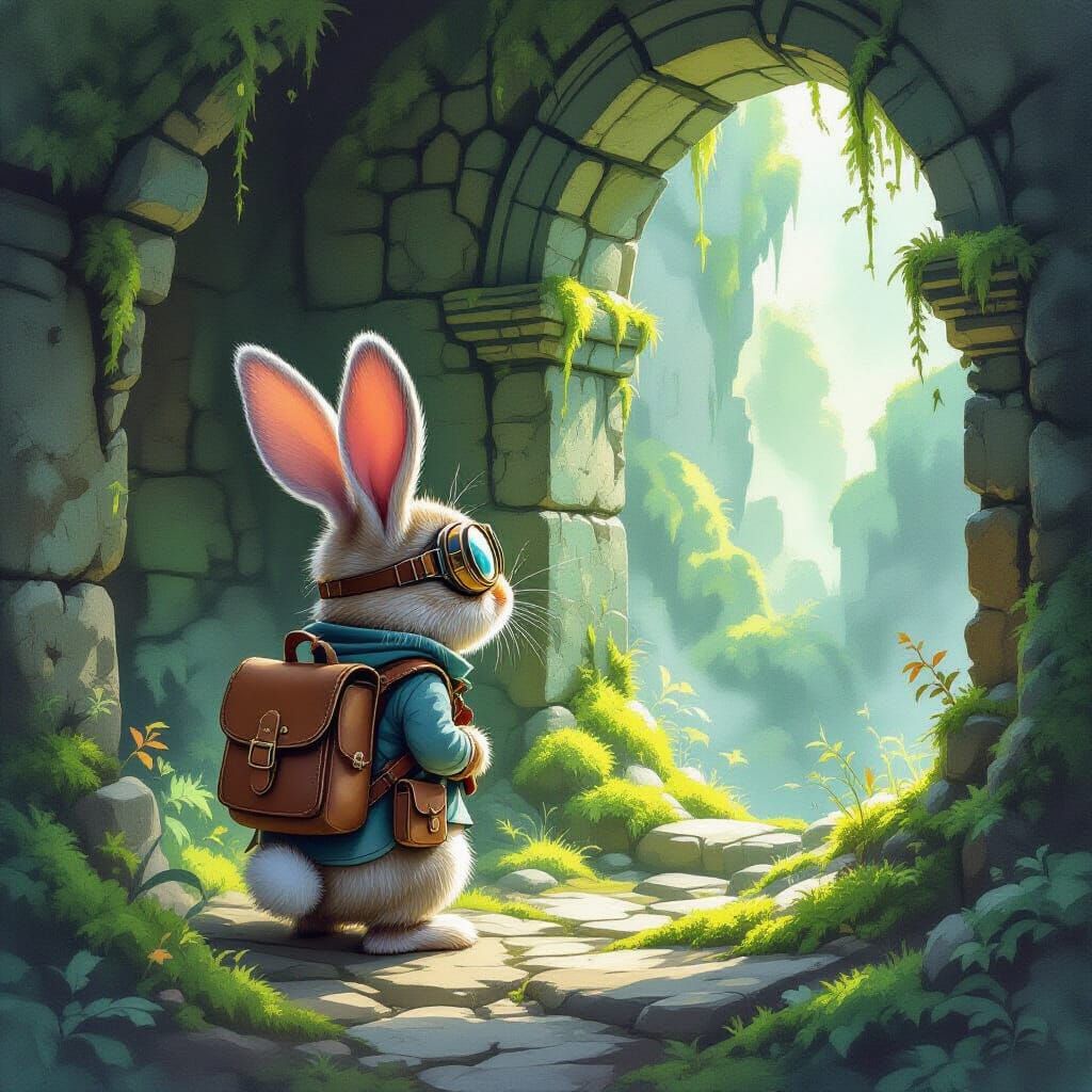 Whimsical Rabbit Adventurer in Ancient Ruin