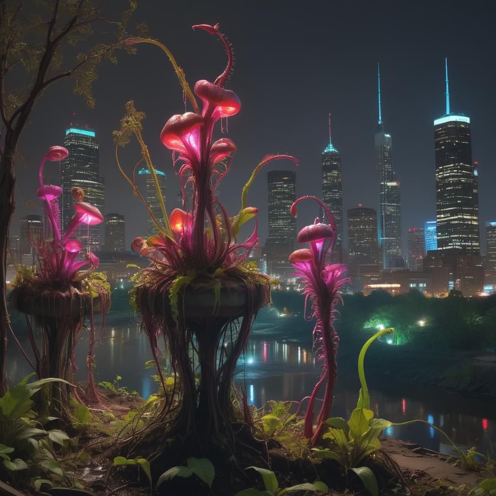 Dystopian Bioluminescent Minneapolis Skyline with Alien Flor...