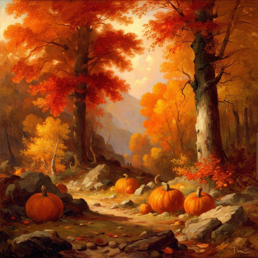 Autumnal Landscape with Pumpkins in Golden Light
