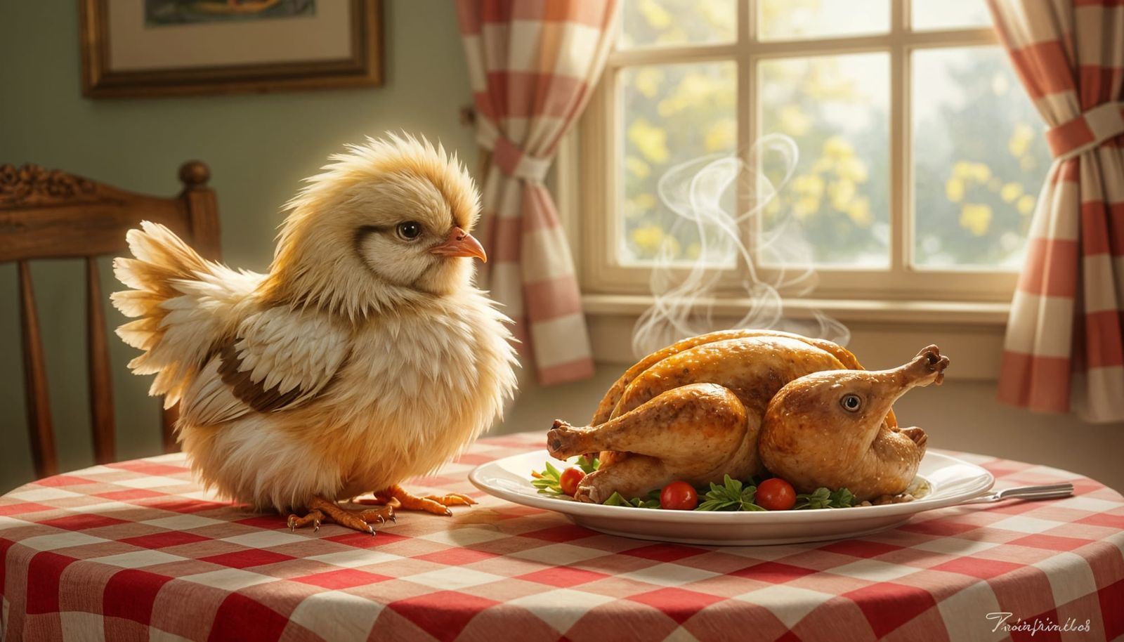 Grumpy Chick Contemplates Cooked Chicken, Kinkade Style