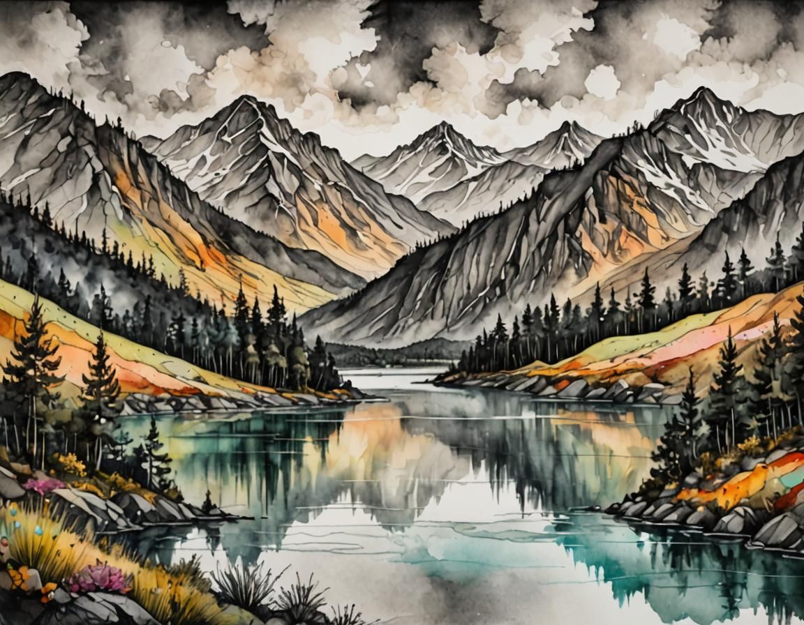 Mountainous landscape,  a lake at the foot of the hills