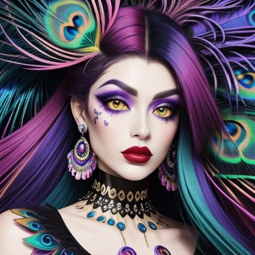 Woman with Peacock Feathers in Abstract Expressionism