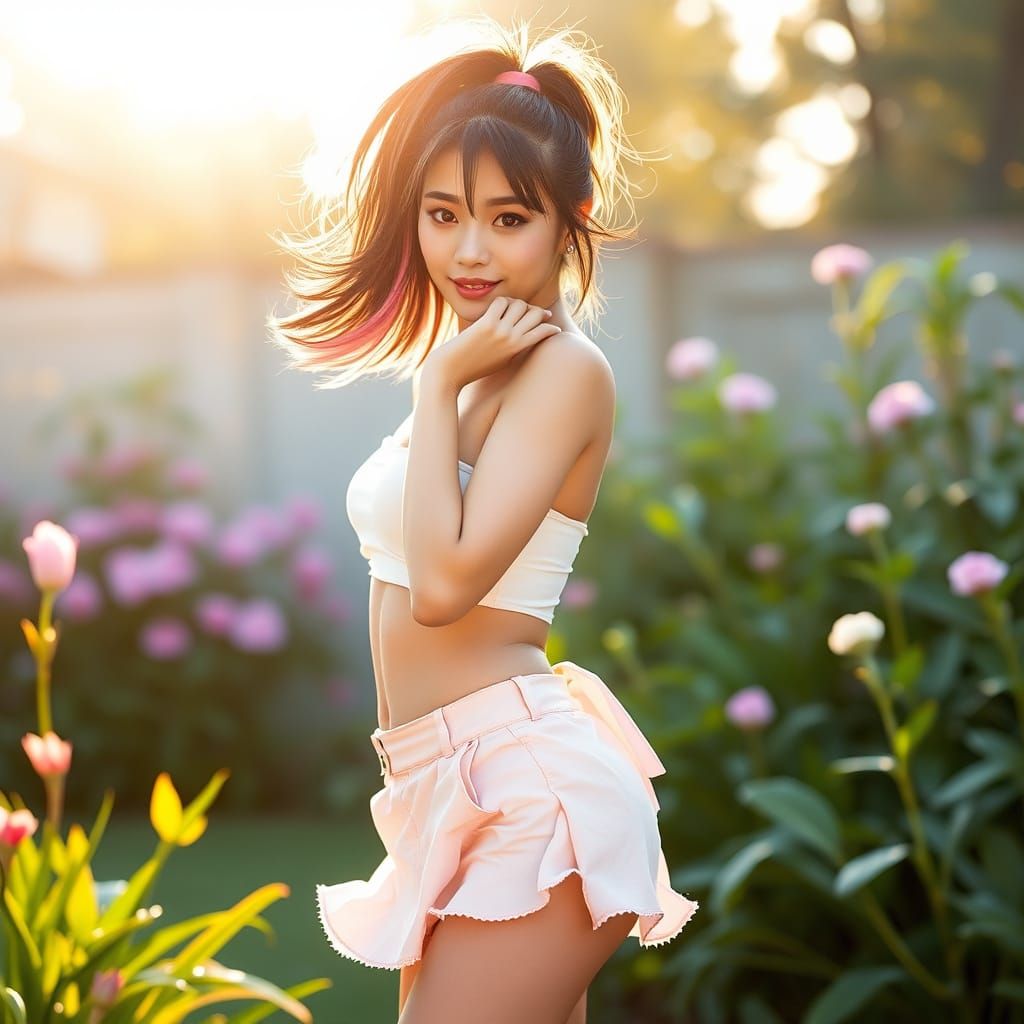 K-Pop Star Posing in Lush Garden: Hyperrealistic Fashion
