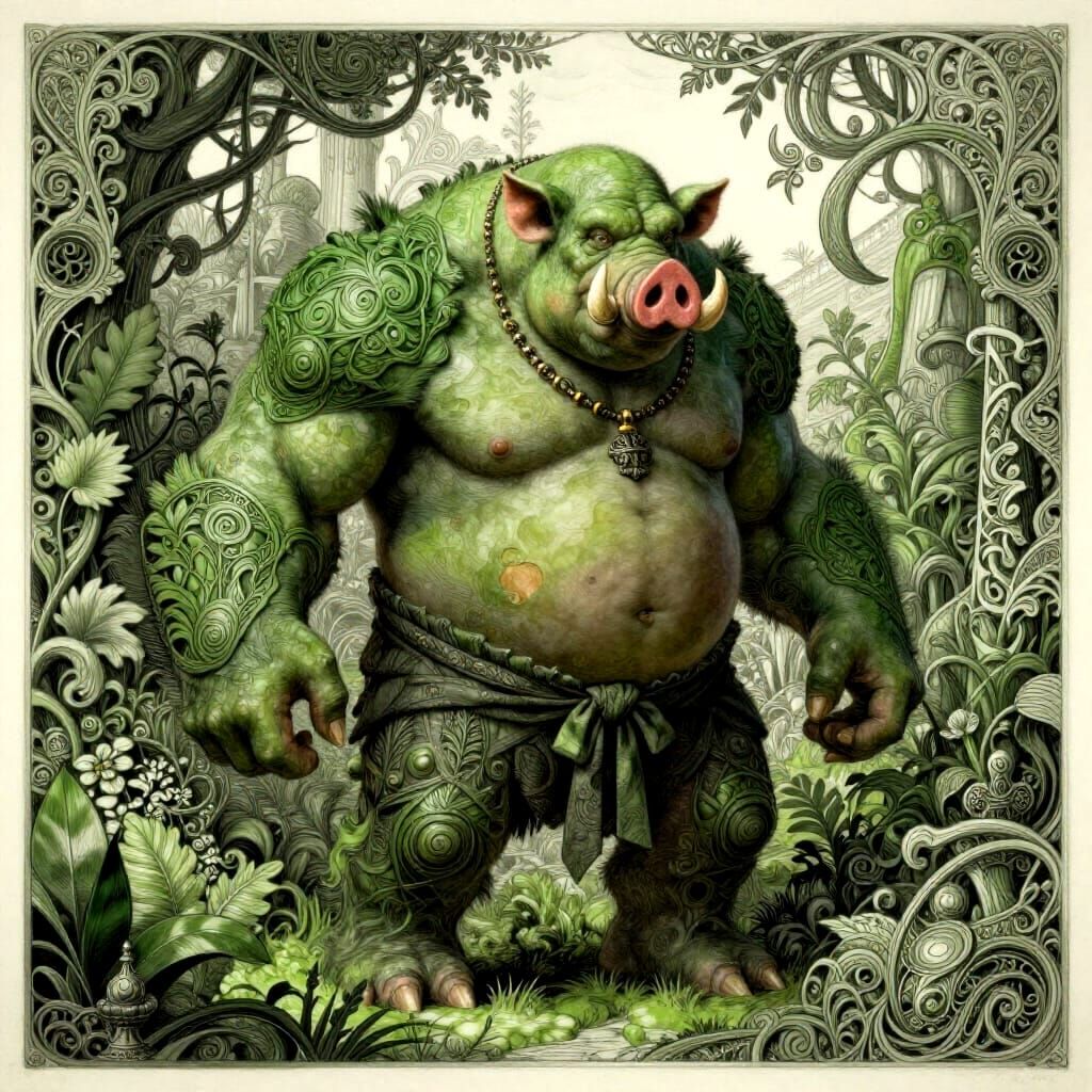 Corpulent Ork Gardener in Lush Fantasy Garden