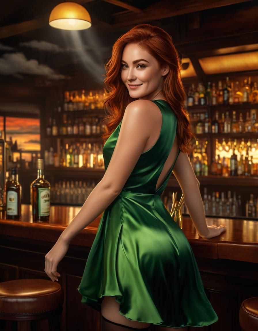Auburn Woman in Green Dress: Chiaroscuro Oil Painting