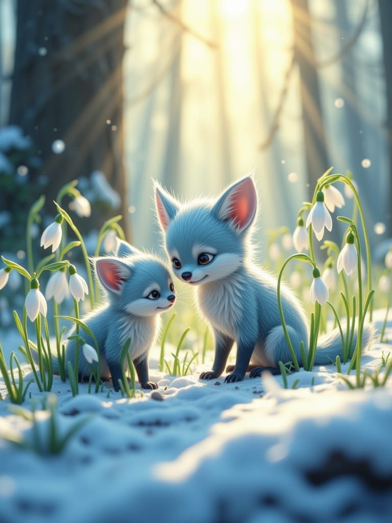 Arctic Fox Kits Admire Snowdrops in Winter Forest