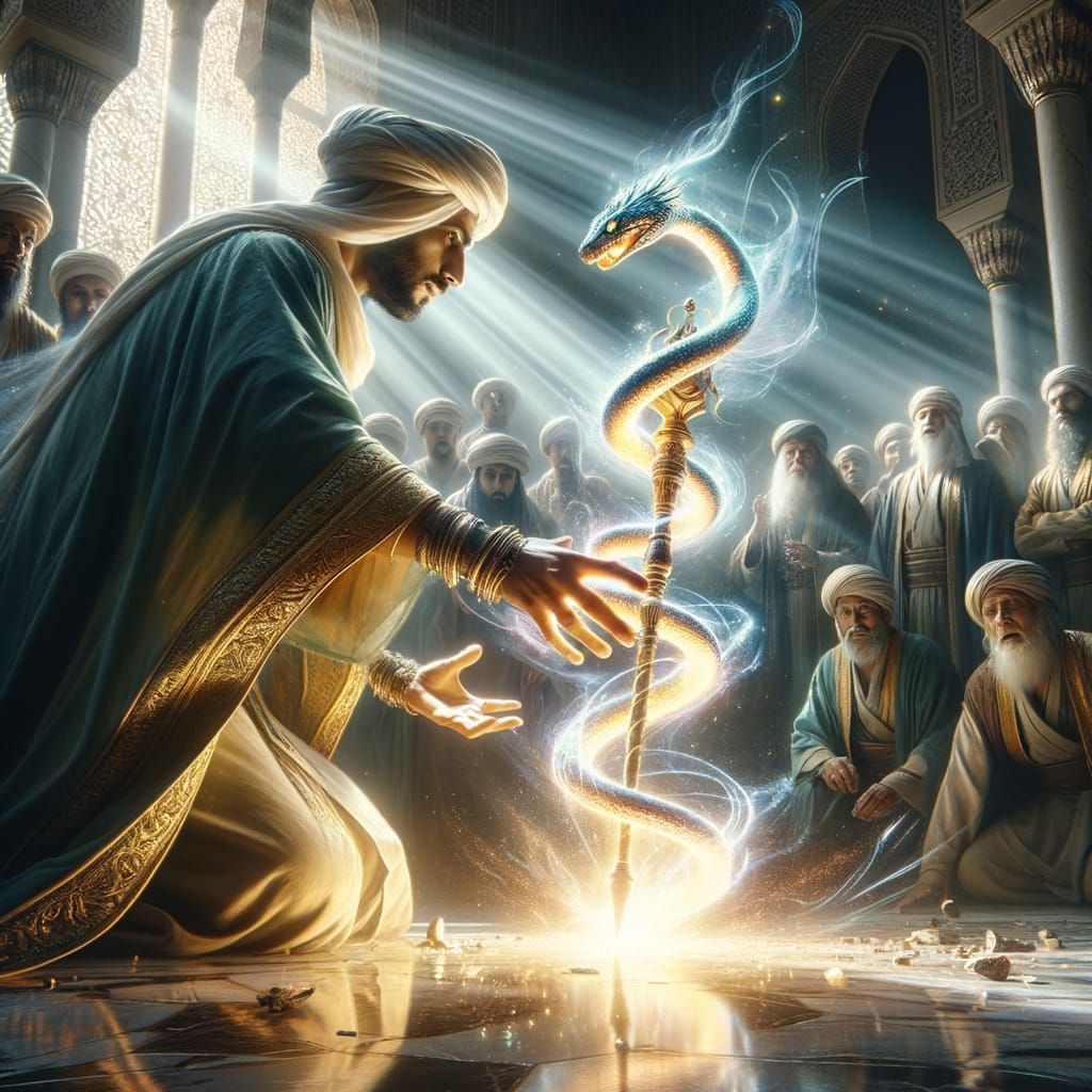 Moses' Staff Transforms to Serpent in Pharaoh's Court