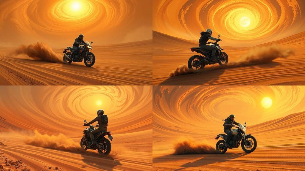 Futuristic Solar Motorcycle in Post-Apocalyptic Desert