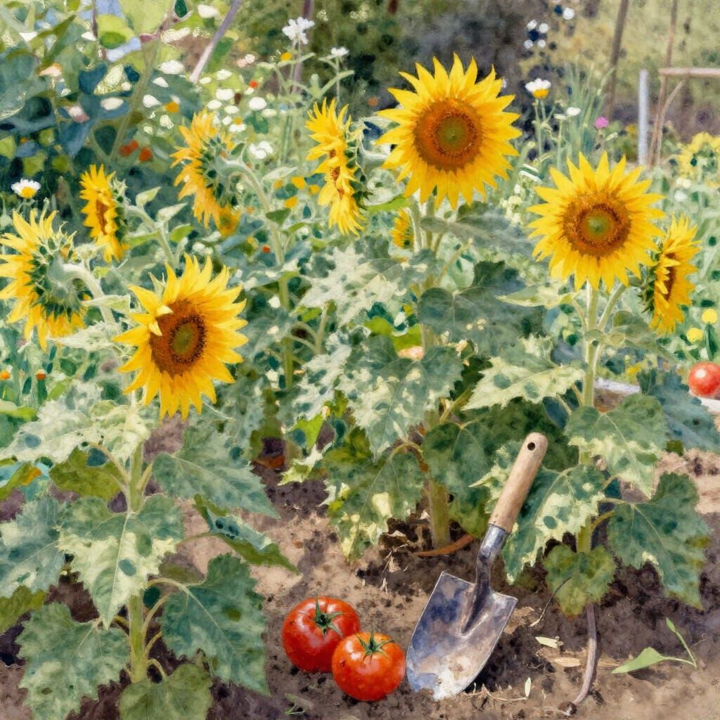 Sunflowers and Tomatoes in a Serene Garden