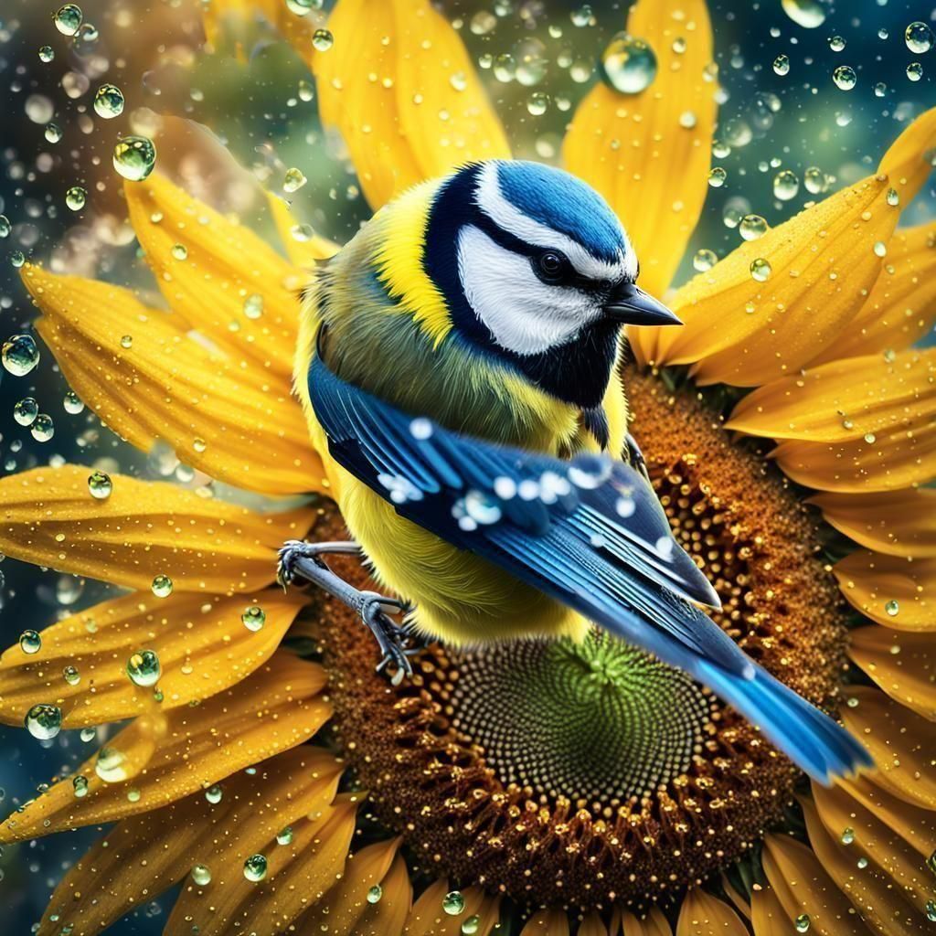 Blue Tit Foraging on Sunflower in Hyperrealism