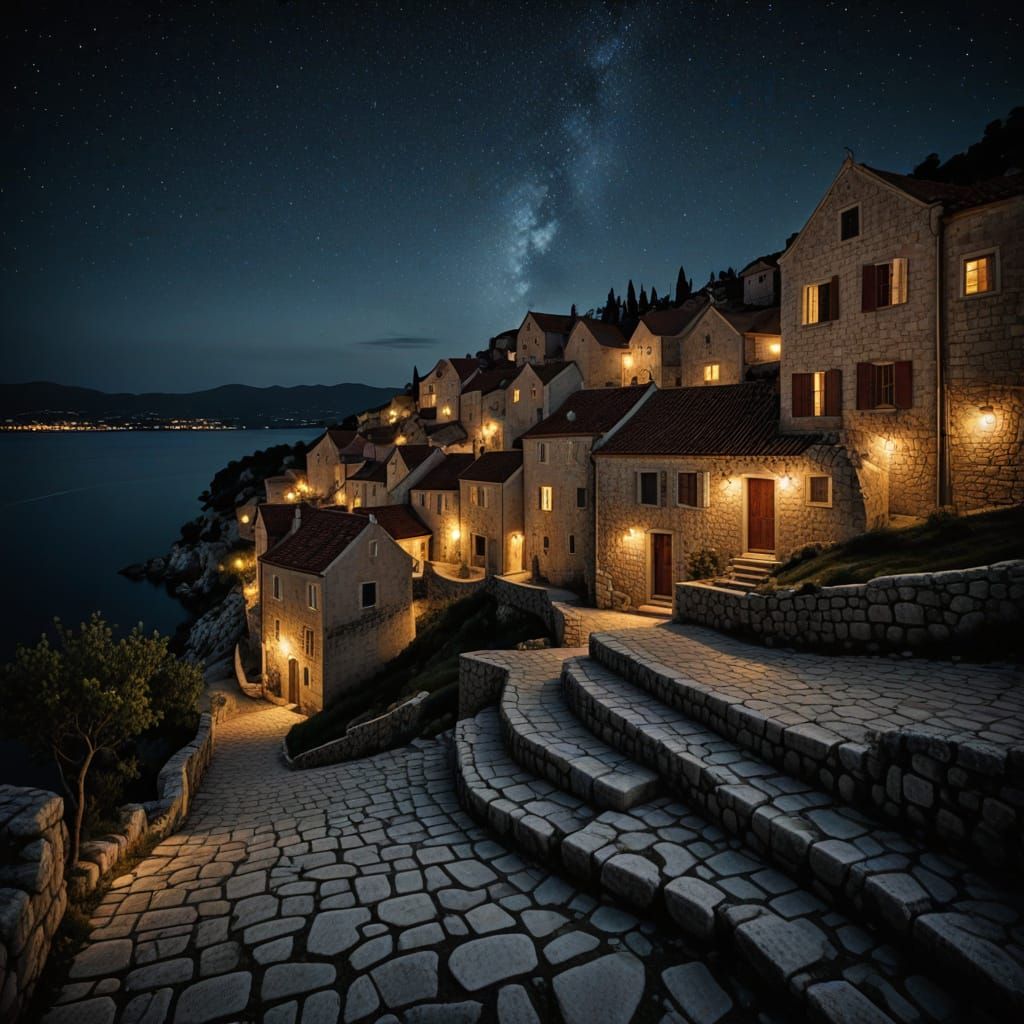 Charming Dalmatian Village at Night, Captured in Photorealis...
