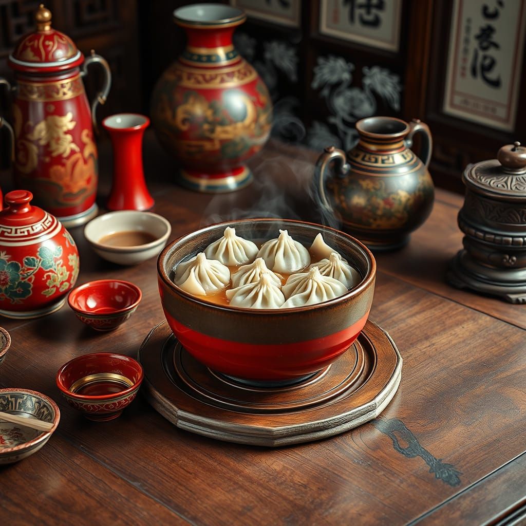 Steaming Chinese Soup Dumplings on Traditional Wooden Table