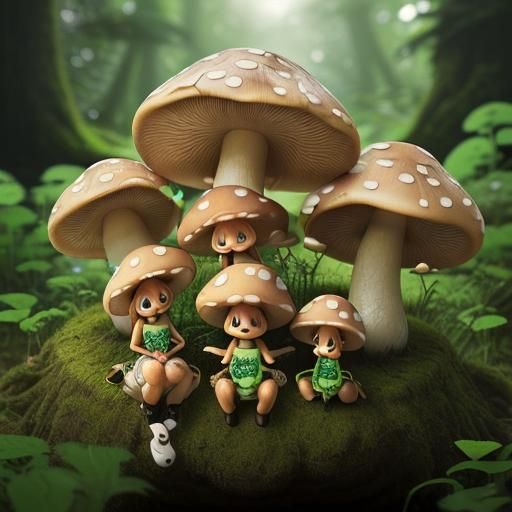 Cute Anthropomorphic Mushrooms in Lush Forest, Macro Photogr...