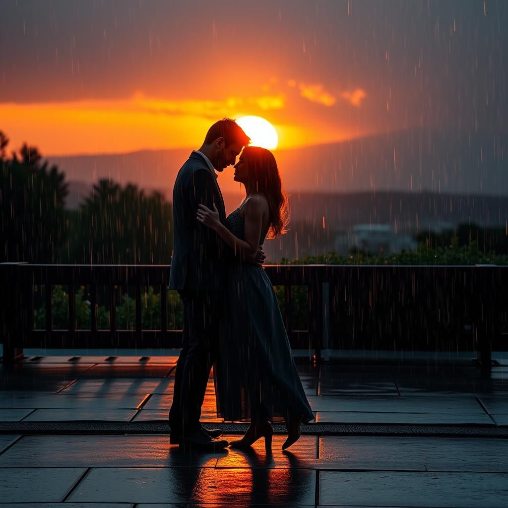 Lovers' Embrace in Mystical Evening Rain