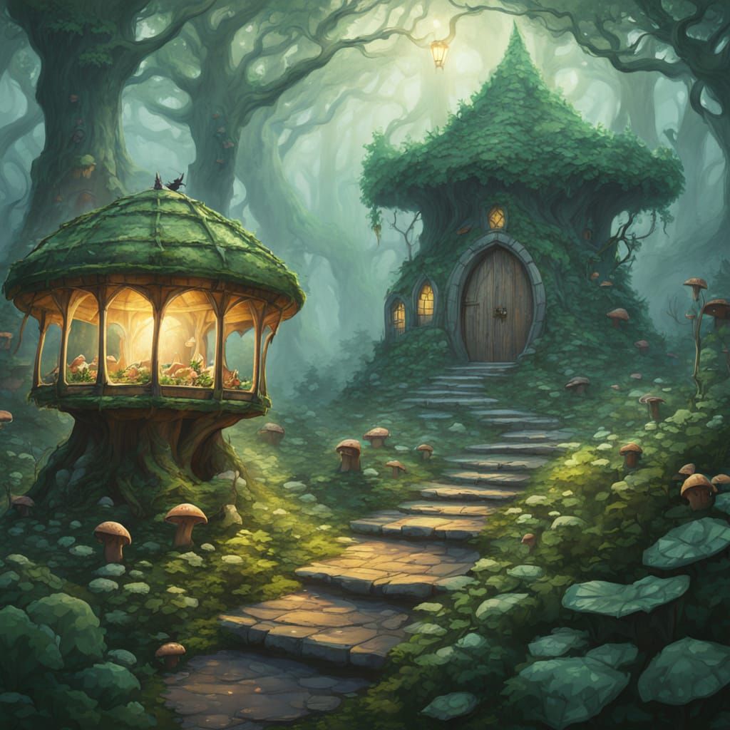Whimsical Watercolor Dragon Trap in a Misty Forest